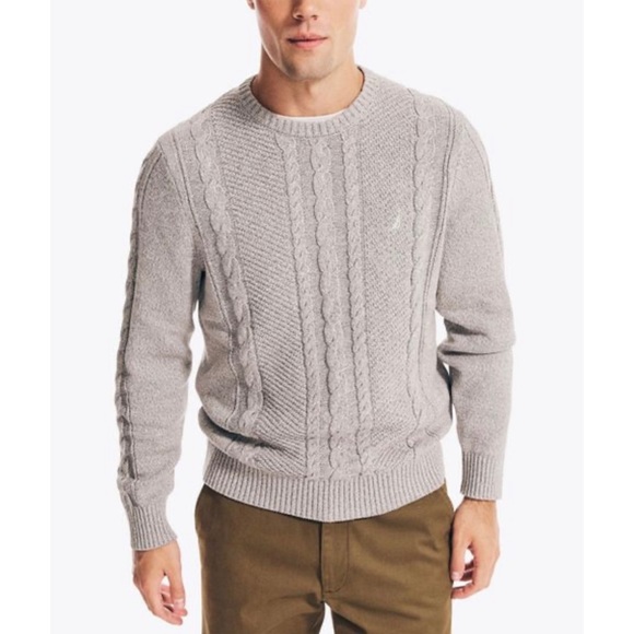 Nautica Men's Shark Fin Gray Cable-Knitted Cotton crewneck sweater Size S - Picture 1 of 9
